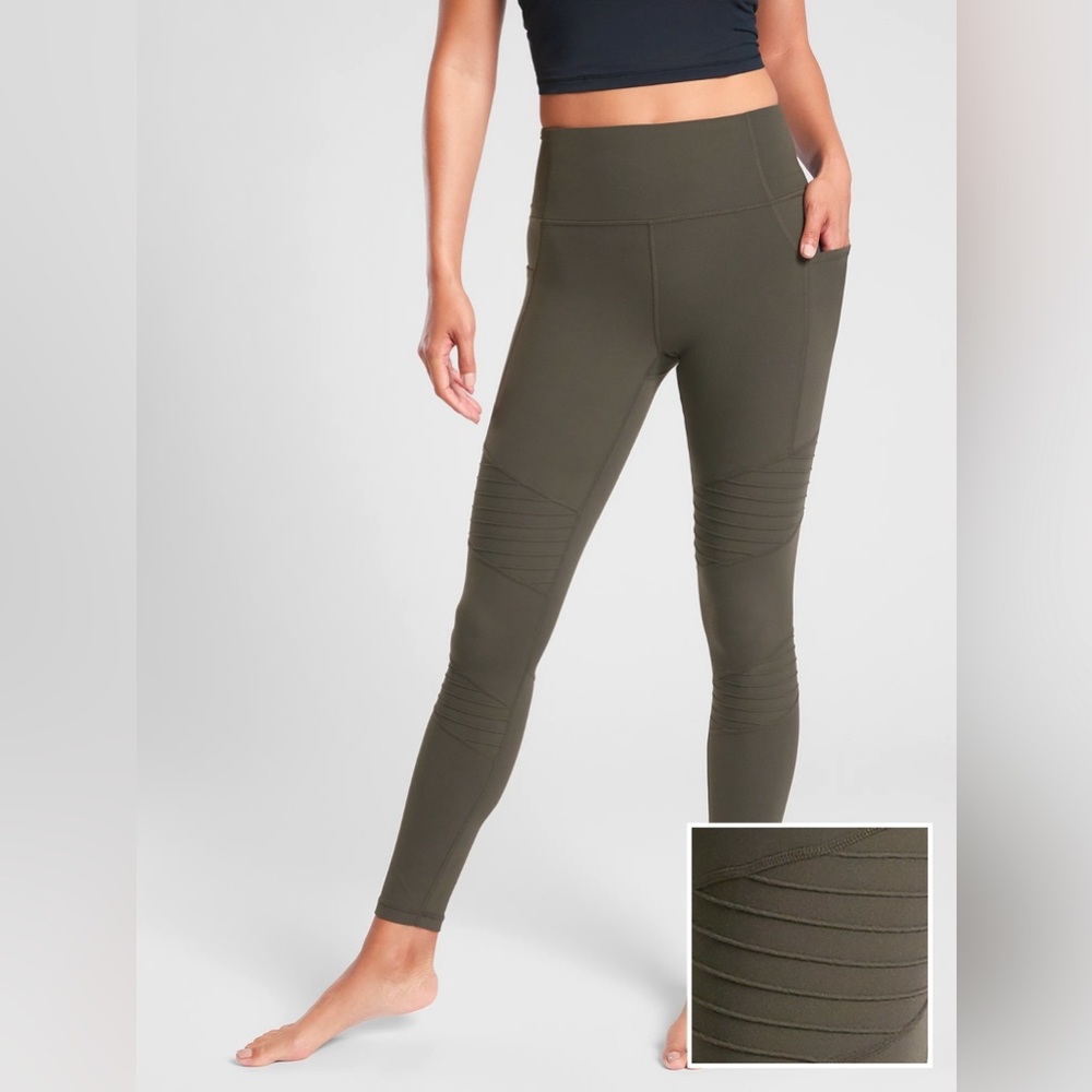 Athleta Inclination Moto leggings in Arbor Olive 27”